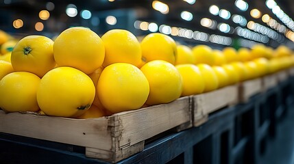 Fresh yellow citrus fruits in wooden crate at supermarket.