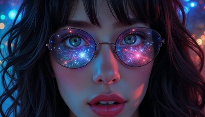 Obraz premium Woman with galaxy reflections in glasses