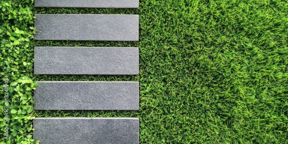 Poster gray stepping tiles create a unique floor design alongside a strip line of concrete pavement, perfec