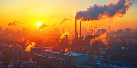 Fototapeta premium Industrial plant emits smoke and smog at sunset, highlighting harmful emissions and pollutants from the metallurgical industry. This environmental disaster signifies the impact of exhaust gases on the
