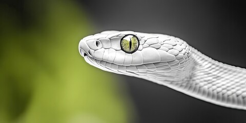 Obraz premium Black eyed white snake head captured in a side view, set against an out of focus green background, beautifully showcased in a striking black and white photo of the black eyed white snake.