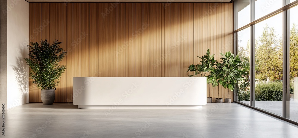 Poster modern reception area with a sleek desk and greenery.