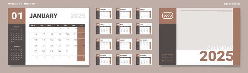 Set of 2025 Calendar Planner Template Pages Monthly, Cover. Vector layout of a wall or desk calendar with week start Monday for printing. Page size A4-21x29.7cm