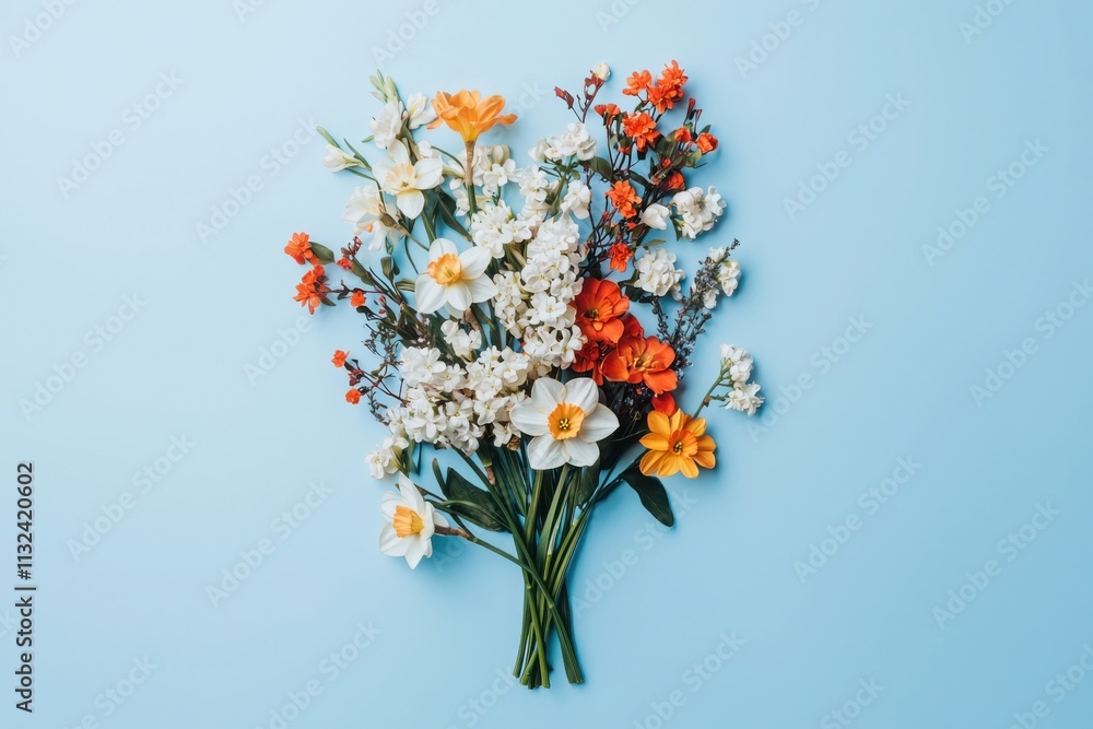 Aufkleber arranging a flat lay of assorted spring flowers on soft pastel blue background for a calming atmosph