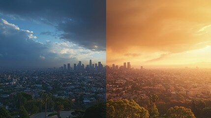 Fototapeta premium Urban landscape depicting climate change impact with contrasting skies