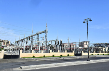 Modern new power station. The equipment used to raise or lower voltage, high voltage power station....