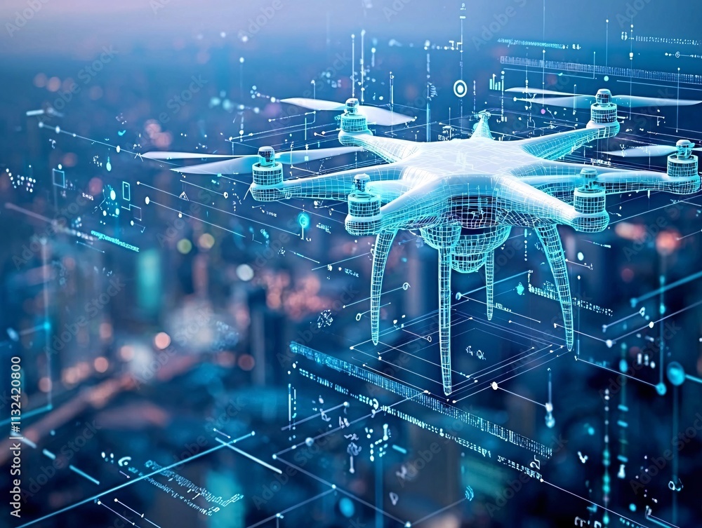 Poster optimization with ai-powered systems, futuristic drones delivering solutions in a high-tech metropol