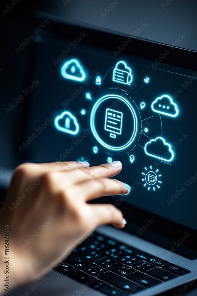 Poster conceptual image of cloud computing services integrated into business processes with glowing icons