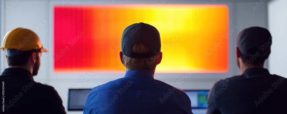 Poster three individuals observe a vibrant screen displaying a gradient of colors, indicating a technical o
