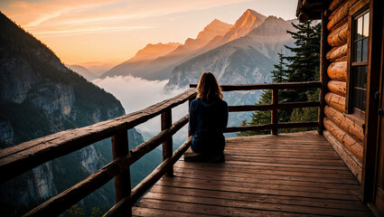 Fototapeta premium 暖かな夕日の光が広がる山の崖に座る女性が描く静かな旅の情景。生成AI