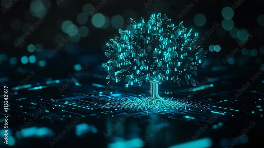 Poster a glowing digital tree with binary code leaves symbolizing growth and innovation