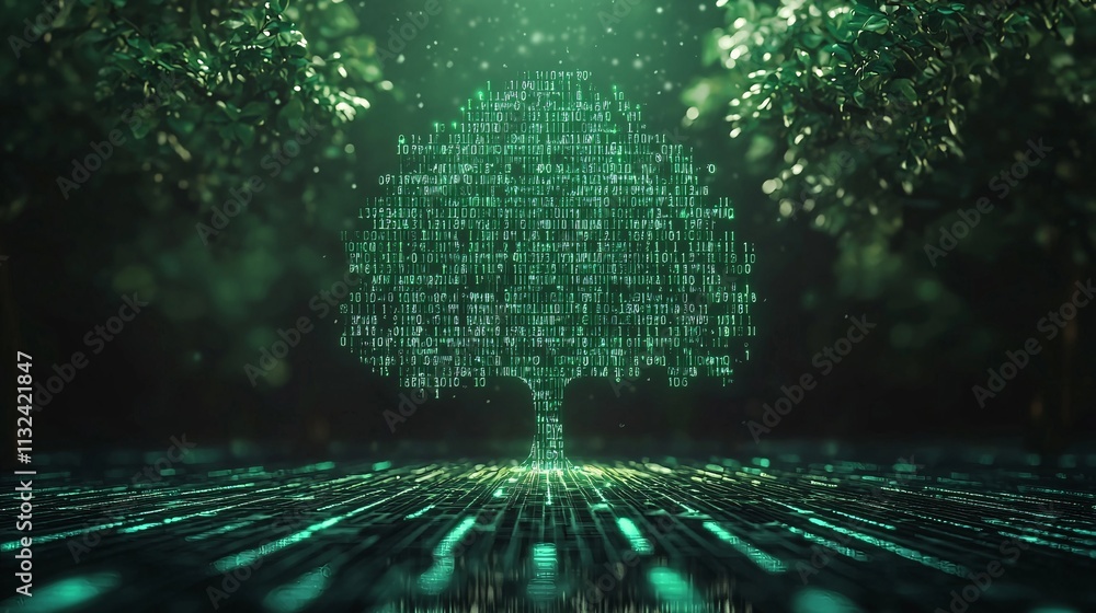 Poster a glowing digital tree with binary code leaves symbolizing growth and innovation