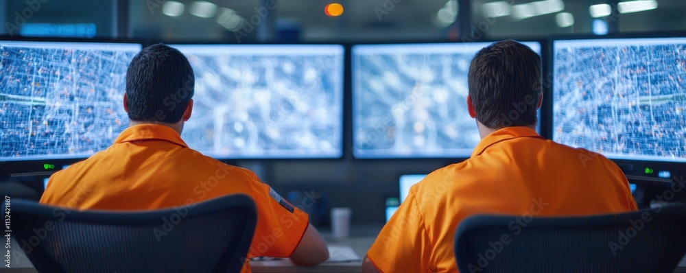 Poster two individuals in orange uniforms monitor multiple screens displaying complex data in a control roo