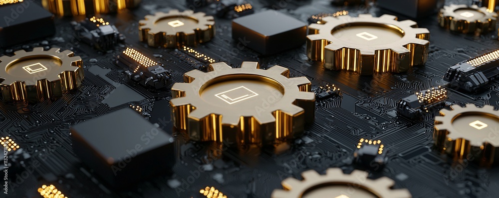 Poster abstract gears with digital circuits symbolizing modernization and innovative optimization
