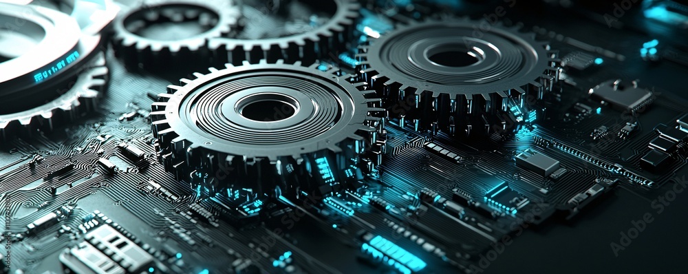 Poster abstract gears with digital circuits symbolizing modernization and innovative optimization