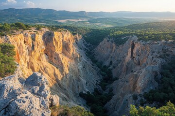 Canyon sunset view rugged landscape nature photography golden light dramatic environment depth and shadows in canyon walls for stunning visual impact