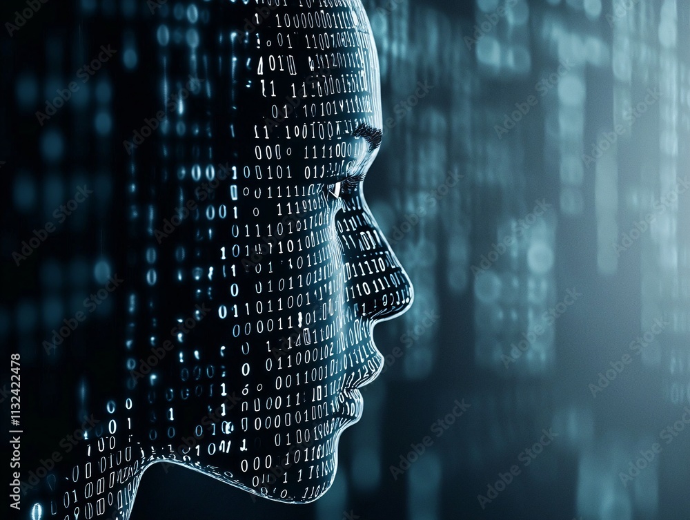 Poster ai-powered innovation represented by a humanoid robot surrounded by binary codes and icons