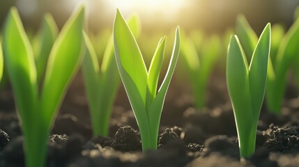 Fototapeta premium Close-up of vibrant green seedlings growing in soil under warm sunlight, symbolizing new beginnings and sustainable agriculture.