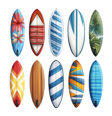 Surfboard showcase colorful designs beachside display digital art sunny environment aesthetic viewpoint