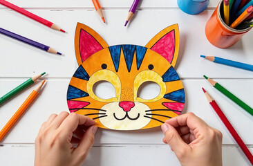 Creative children making colorful animal masks for a joyful masquerade celebration at home with friends and family