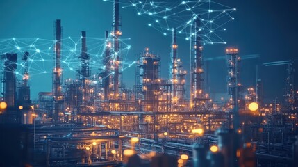 Fototapeta premium Modern factory, communication network. Telecommunication. IoT, Internet of Things, ICT, Information communication Technology,. Smart factory. Digital transformation, cloud connecting,