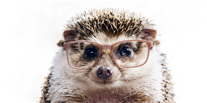 Close-up hedgehog face facing camera wearing