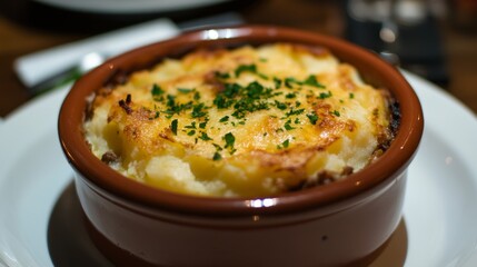 Hearty Potato and Meat Dish in a Rustic Bowl
