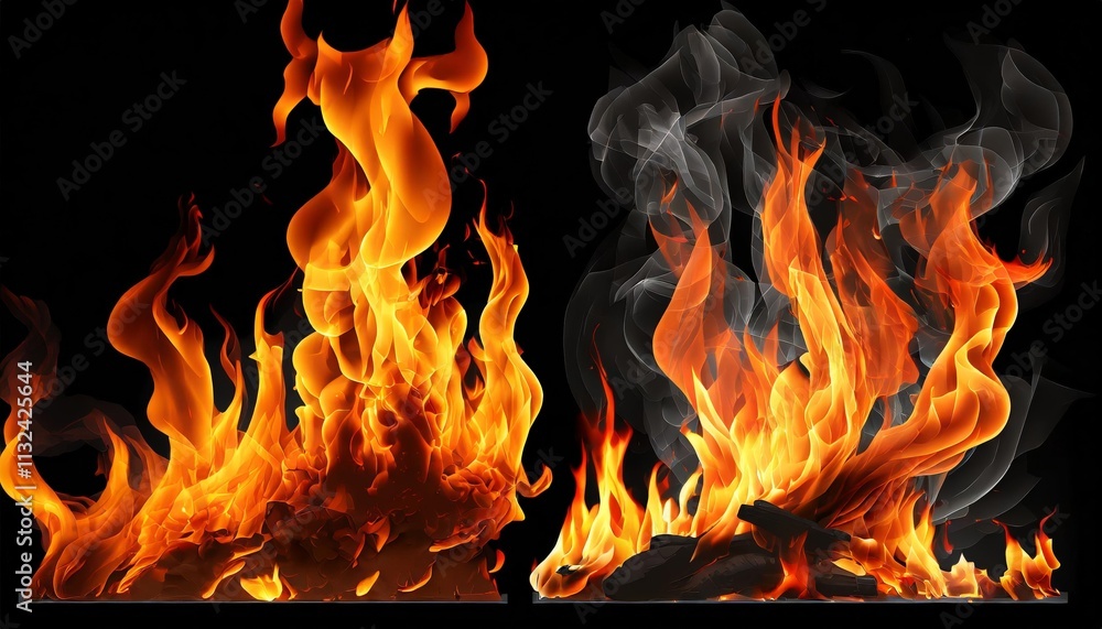 Poster set of fire flames elements design isolated on white and transparent background vibrant, dynamic, an
