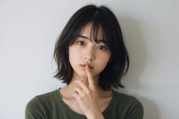 Fototapeta premium Thoughtful Young Woman in Green Top Against a Neutral Background