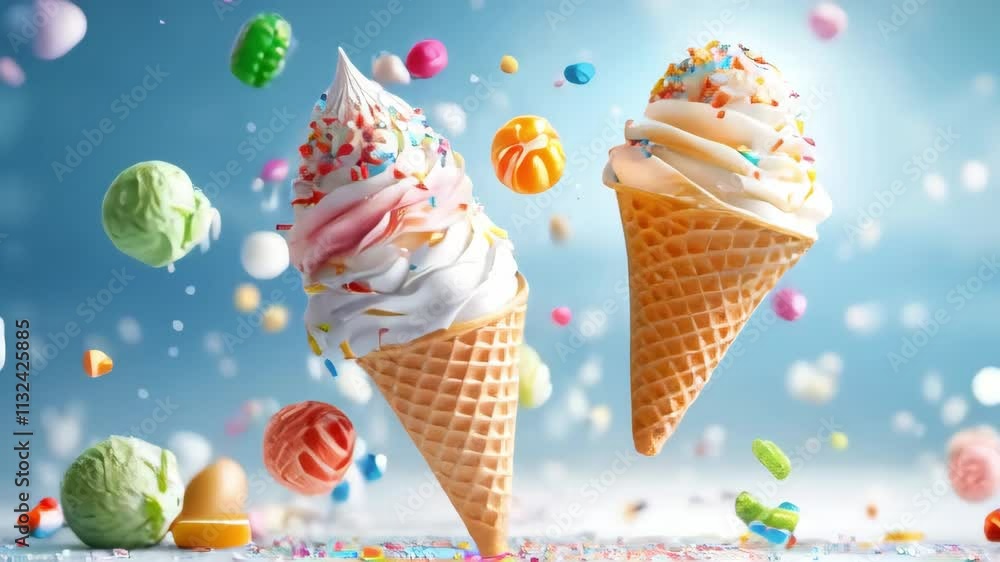 Poster two ice cream cones topped with sprinkles float amidst a shower of colorful candy. a fun and whimsic