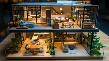 Naklejka premium Arranging stylish urban loft furniture urban interior model display modern design plans miniature figures cozy environment for contemporary living