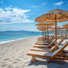 Obraz premium Wooden umbrellas and deck chair on sandy beach with sea and sky