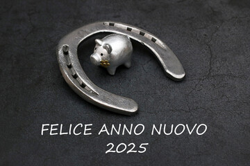 Biglietto d'auguri di Capodanno: Felice Anno Nuovo: ferro di cavallo con maiale fortunato e il...