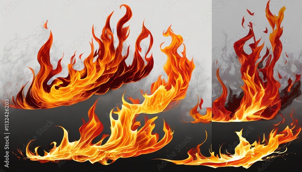 Poster set of fire flames elements design isolated on white and transparent background perfect for graphics