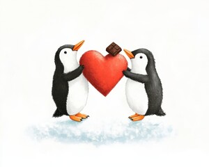 Fototapeta premium Two cute penguins holding a red heart together, symbolizing love and affection in a snowy landscape.