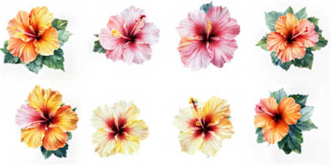 Collection six hibiscus flowers different colors sizes are a of grunge
