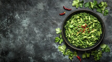 A bowl of green dip garnished with red chili and surrounded by fresh herbs.