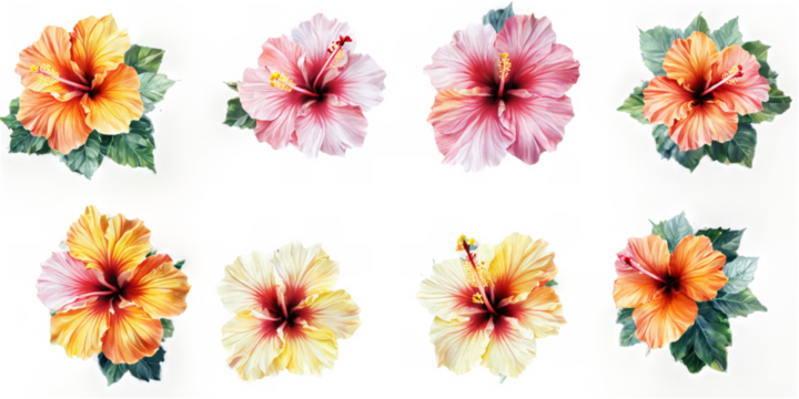 Collection six hibiscus flowers different colors sizes are a of grunge