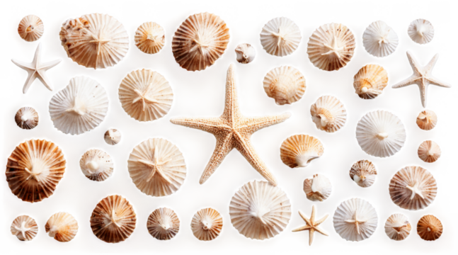 Collection various seashells starfish arranged grid-like pattern transparent of