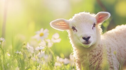 Fototapeta premium A cute lamb standing in a sunlit meadow, surrounded by wildflowers and green grass, radiating innocence and the beauty of spring.