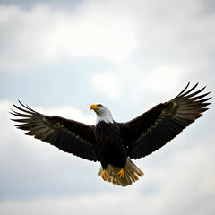 Obraz premium A bald eagle with wings spread in front of a cloudy sky