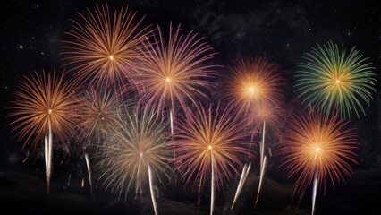 The colorful celebratory fireworks at the dark sky perfect for background