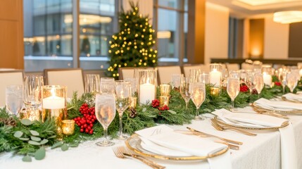 Elegant holiday table setting with candles, greenery, and red berries, creating a festive and warm atmosphere indoors.