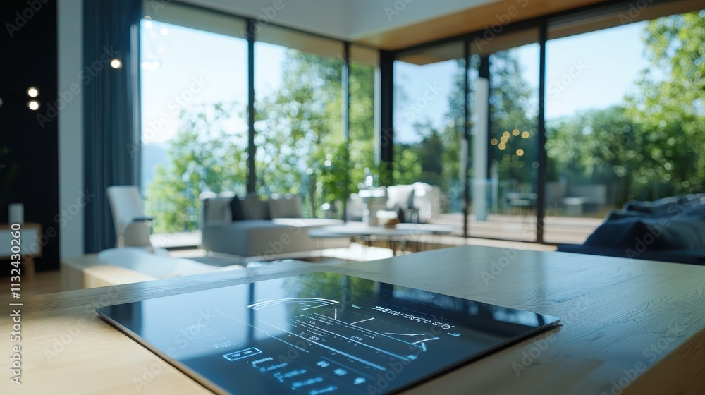 Poster monitoring energy consumption smart home interface digital display modern living room close-up view 