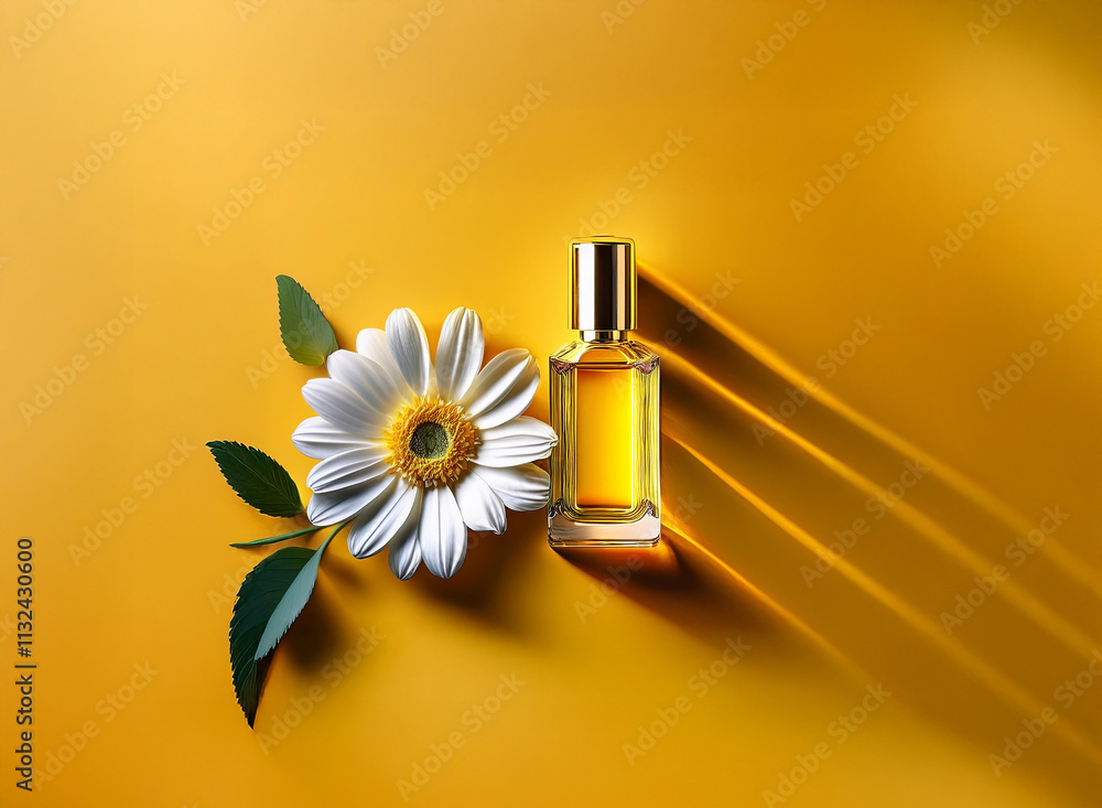 Poster a single chamomile flower and a bottle of perfume rest on a vibrant yellow background. the scene is 