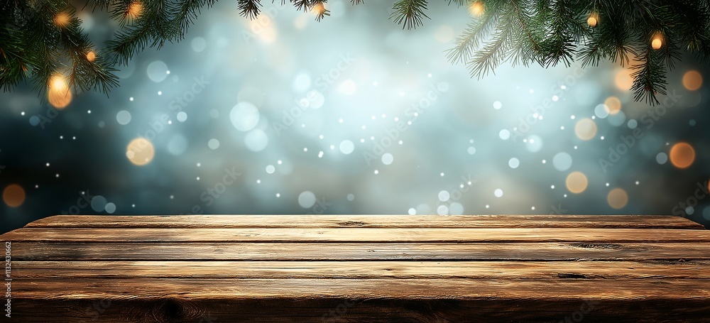 Poster rustic wooden table surface with soft blurred background of lights and evergreen branches for cafe o