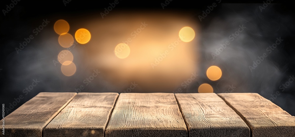 Poster wooden table top displaying soft focus background with warm bokeh lights, ideal for cafe or restaura