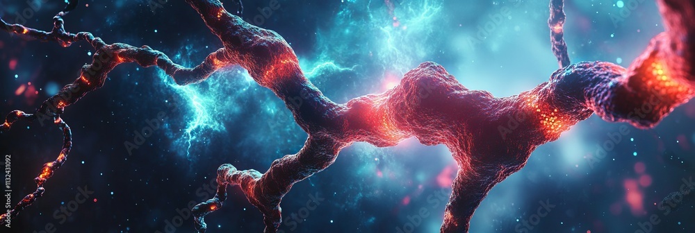 Poster glowing abstract network or connection of neural fibers with synapses on a blue background