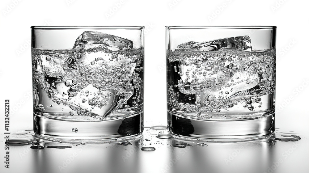 Aufkleber refreshing beverages with ice cubes and bubbling water on a minimalist surface. generative ai