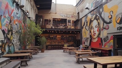 Obraz premium Vibrant Urban Oasis: Graffiti Art Adorns a Chic Outdoor Patio Bar
